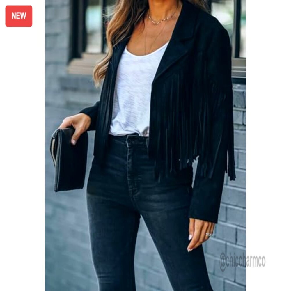 Faux Suede Cropped Fringe Jacket Women's Western Motorcycle Style - Picture 2 of 7